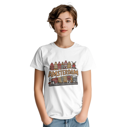 Amsterdam Netherlands Unisex Travel T-Shirt on wooden background with world map, passport, and boarding pass