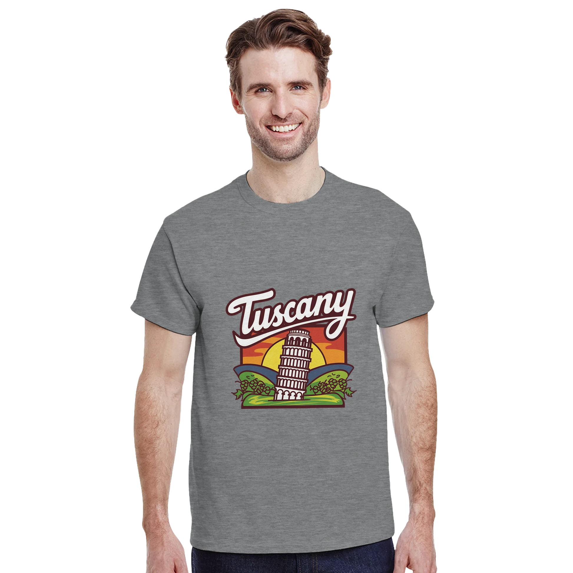 Tuscany Italy Unisex Travel T-Shirt featuring a man