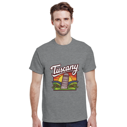 Tuscany Italy Unisex Travel T-Shirt featuring a man