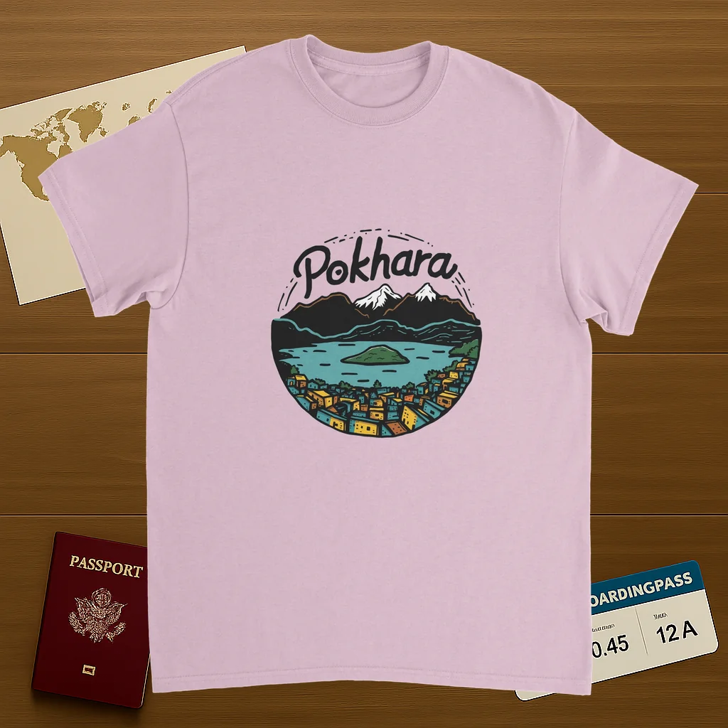 light pink Pokhara Nepal Unisex Travel T-Shirt on wooden background with world map, passport, and boarding pass