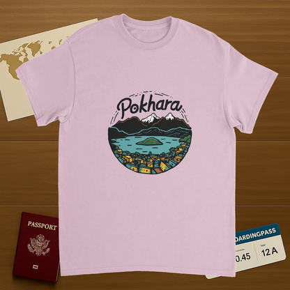 light pink Pokhara Nepal Unisex Travel T-Shirt on wooden background with world map, passport, and boarding pass