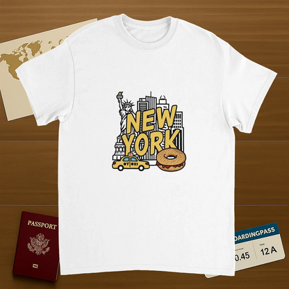 white New York USA Unisex Travel T-Shirt on wooden background with world map, passport, and boarding pass
