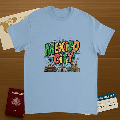 light blue Mexico City Unisex Travel T-Shirt on wooden background with world map, passport, and boarding pass