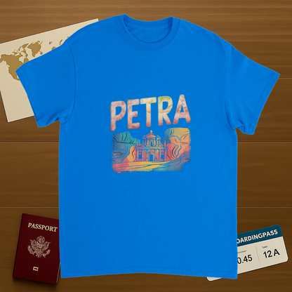 royal blue Petra Jordan Unisex Travel T-Shirt on wooden background with world map, passport, and boarding pass