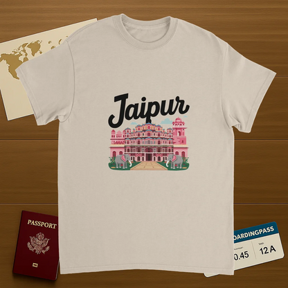 Jaipur India Unisex Travel T-Shirt on wooden background with world map, passport, and boarding pass