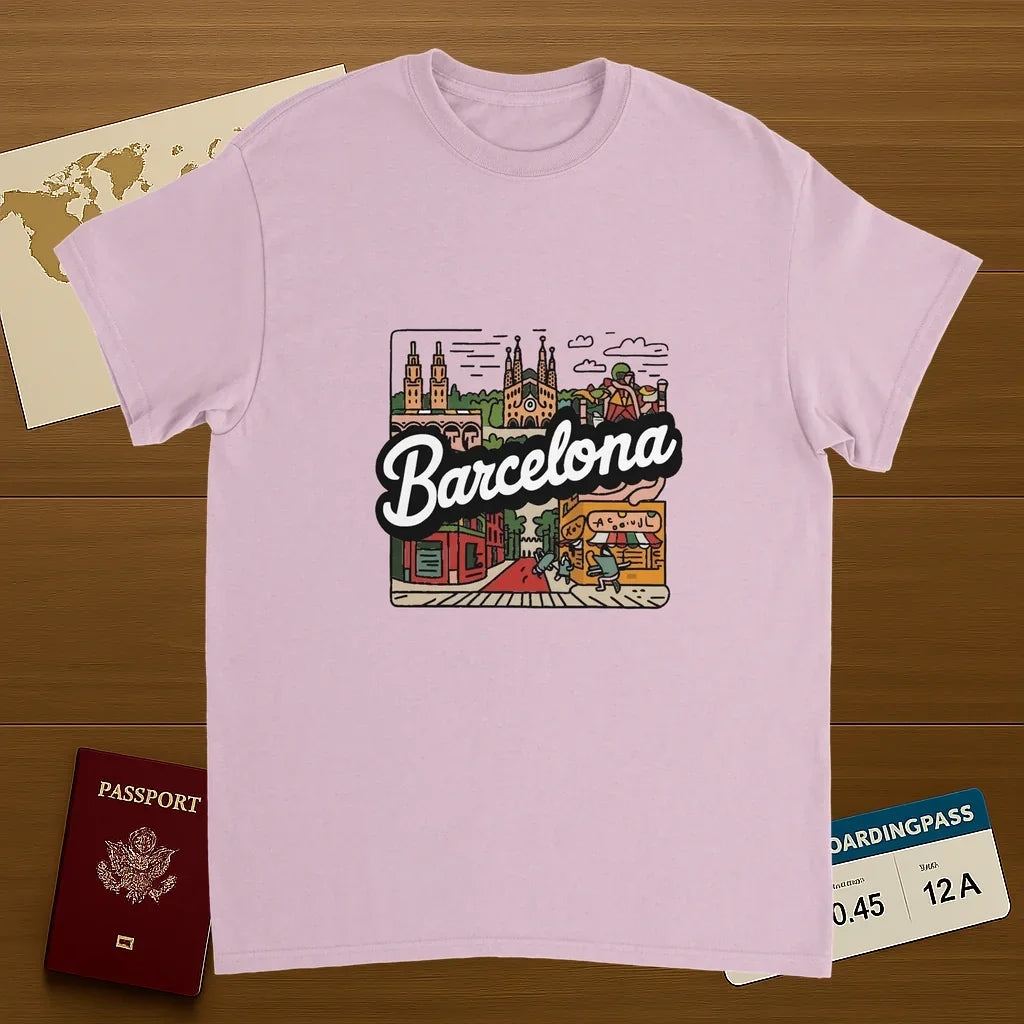 light pink Barcelona Spain Unisex Travel T-Shirt on wooden background with world map, passport, and boarding pass