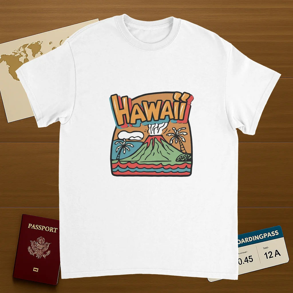 white Hawaii Unisex Travel T-Shirt on wooden background with world map, passport, and boarding pass