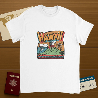 white Hawaii Unisex Travel T-Shirt on wooden background with world map, passport, and boarding pass