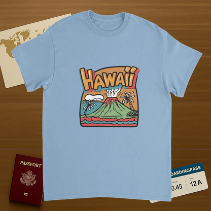 light blue Hawaii Unisex Travel T-Shirt on wooden background with world map, passport, and boarding pass