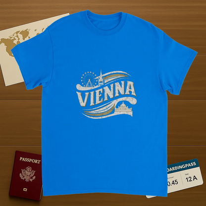 royal blue Vienna Austria Unisex Travel T-Shirt on wooden background with world map, passport, and boarding pass