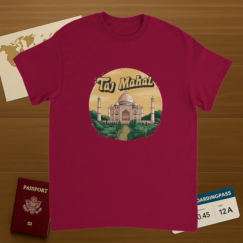 cardinal red Taj Mahal Agra India Unisex Travel T-Shirt on wooden background with world map, passport, and boarding pass