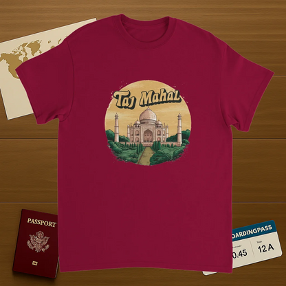 cardinal red Taj Mahal Agra India Unisex Travel T-Shirt on wooden background with world map, passport, and boarding pass