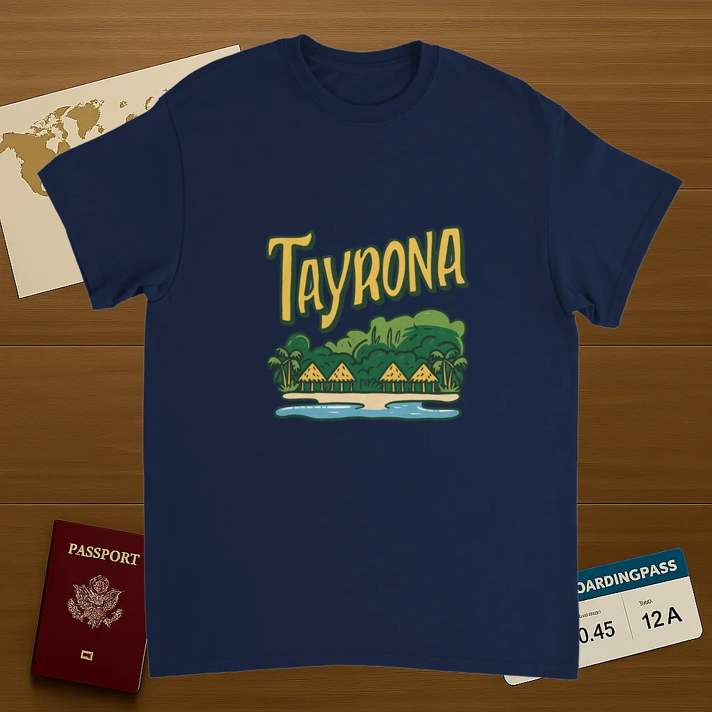 navy Tayrona Colombia Unisex Travel T-Shirt on wooden background with world map, passport, and boarding pass
