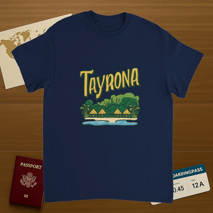 navy Tayrona Colombia Unisex Travel T-Shirt on wooden background with world map, passport, and boarding pass