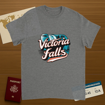 sport grey Victoria Falls Unisex Travel T-Shirt on wooden background with world map, passport, and boarding pass