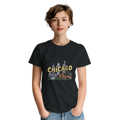Chicago USA Unisex Travel T-Shirt on wooden background with world map, passport, and boarding pass