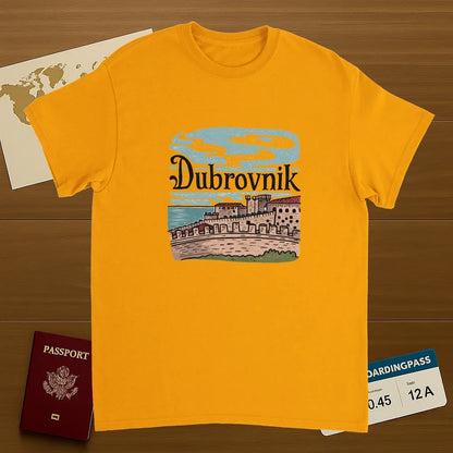 gold Dubrovnik Croatia Unisex Travel T-Shirt on wooden background with world map, passport, and boarding pass