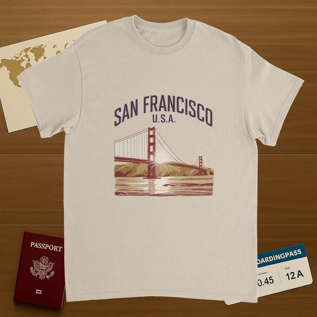 San Francisco USA Unisex Travel T-Shirt on wooden background with world map, passport, and boarding pass