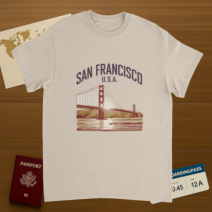 San Francisco USA Unisex Travel T-Shirt on wooden background with world map, passport, and boarding pass