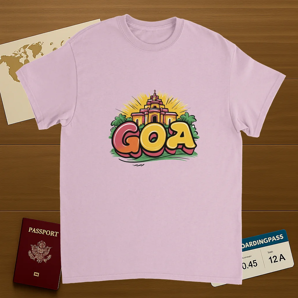 light pink Goa India Unisex Travel T-Shirt on wooden background with world map, passport, and boarding pass
