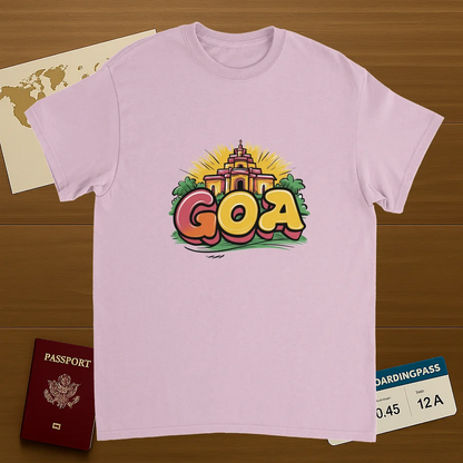 light pink Goa India Unisex Travel T-Shirt on wooden background with world map, passport, and boarding pass