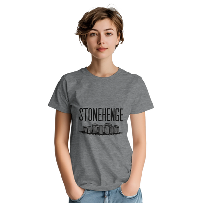 Stonehenge England Unisex Travel T-Shirt on wooden background with world map, passport, and boarding pass