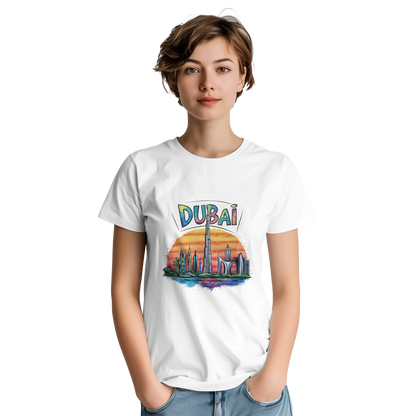 Dubai Unisex Travel T-Shirt on wooden background with world map, passport, and boarding pass