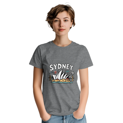 Sydney Australia Unisex Travel T-Shirt on wooden background with world map, passport, and boarding pass