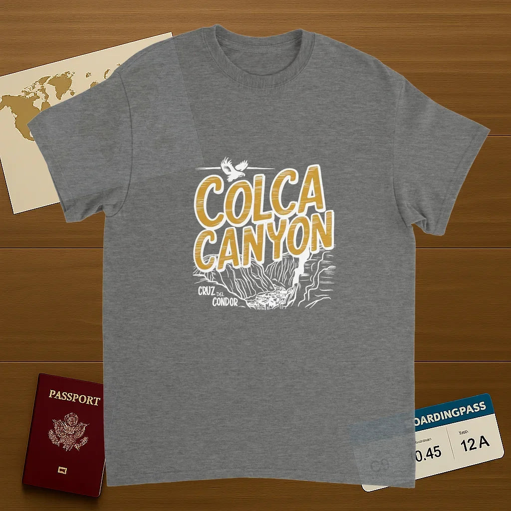 sport grey Colca Canyon Peru Unisex Travel T-Shirt on wooden background with world map, passport, and boarding pass