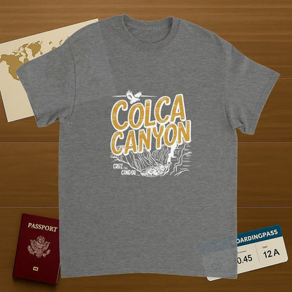 sport grey Colca Canyon Peru Unisex Travel T-Shirt on wooden background with world map, passport, and boarding pass