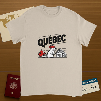 Quebec Canada Unisex Travel T-Shirt on wooden background with world map, passport, and boarding pass