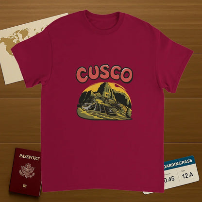cardinal red Cusco Peru Unisex Travel T-Shirt on wooden background with world map, passport, and boarding pass