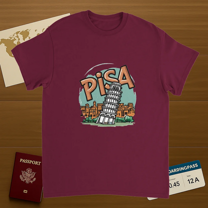 Pisa Italy Unisex Travel T-Shirt on wooden background with world map, passport, and boarding pass