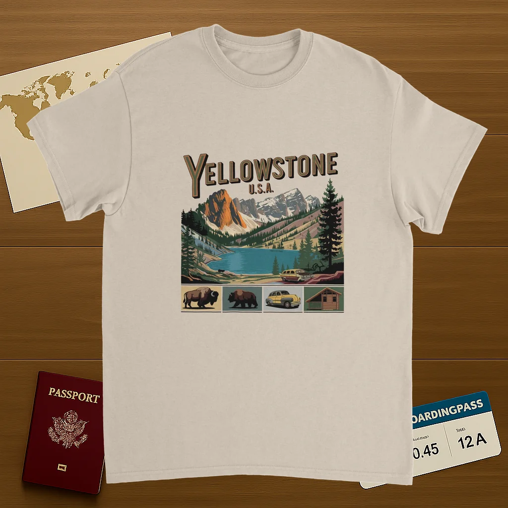 Yellowstone USA Unisex Travel T-Shirt on wooden background with world map, passport, and boarding pass