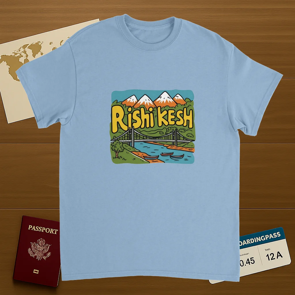 light blue Rishikesh India Unisex Travel T-Shirt on wooden background with world map, passport, and boarding pass