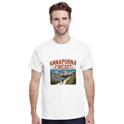 Annapurna Circuit Nepal Unisex Travel T-Shirt on wooden background with world map, passport, and boarding pass