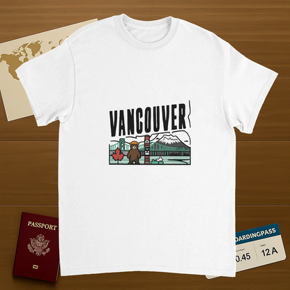 white Vancouver Canada Unisex Travel T-Shirt on wooden background with world map, passport, and boarding pass