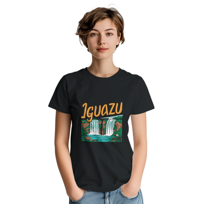 Iguazu Falls Unisex Travel T-Shirt featuring a person from the front