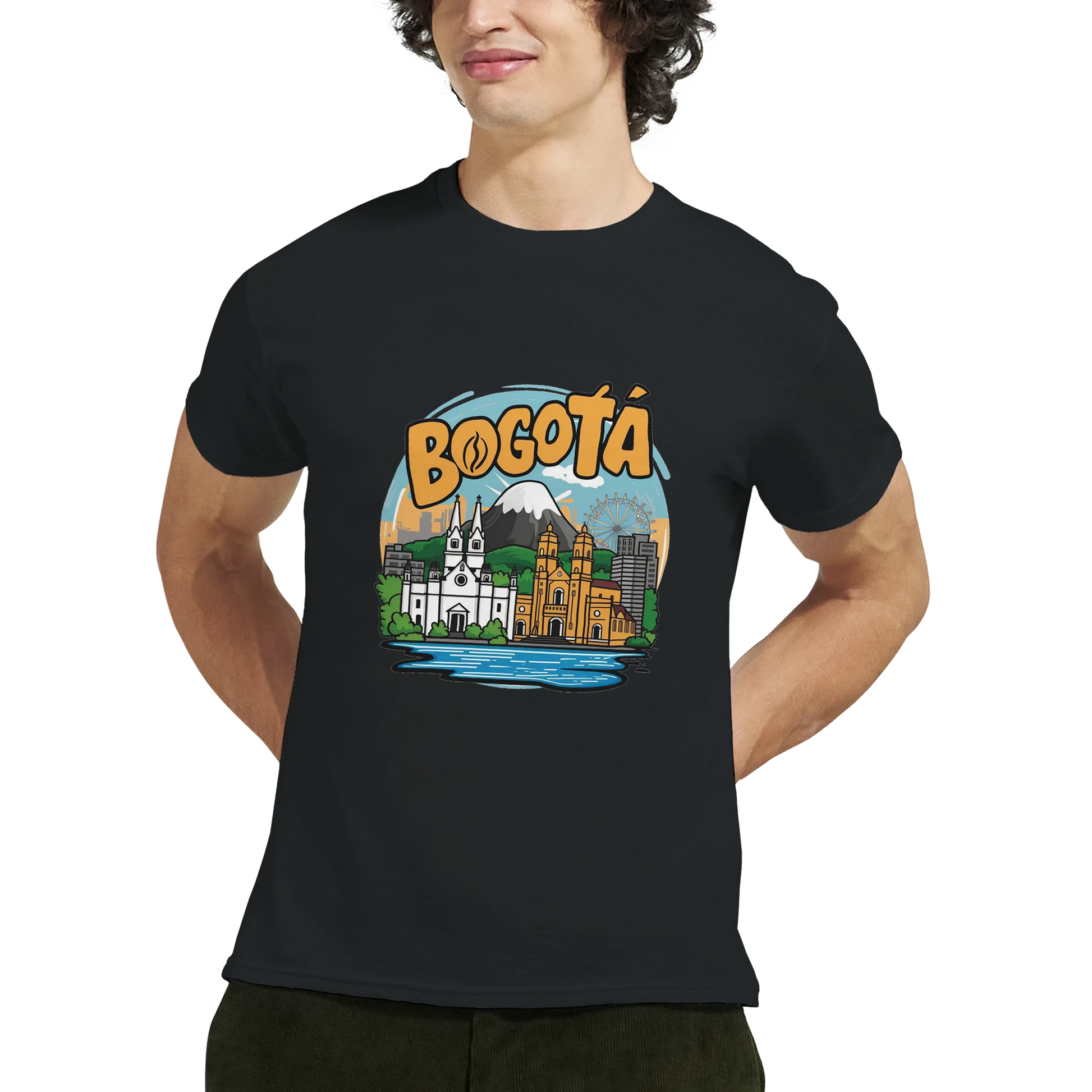 Bogotá Colombia Unisex Travel T-Shirt featuring a man from the front