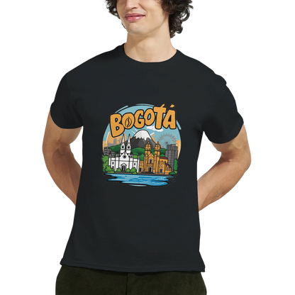 Bogotá Colombia Unisex Travel T-Shirt featuring a man from the front