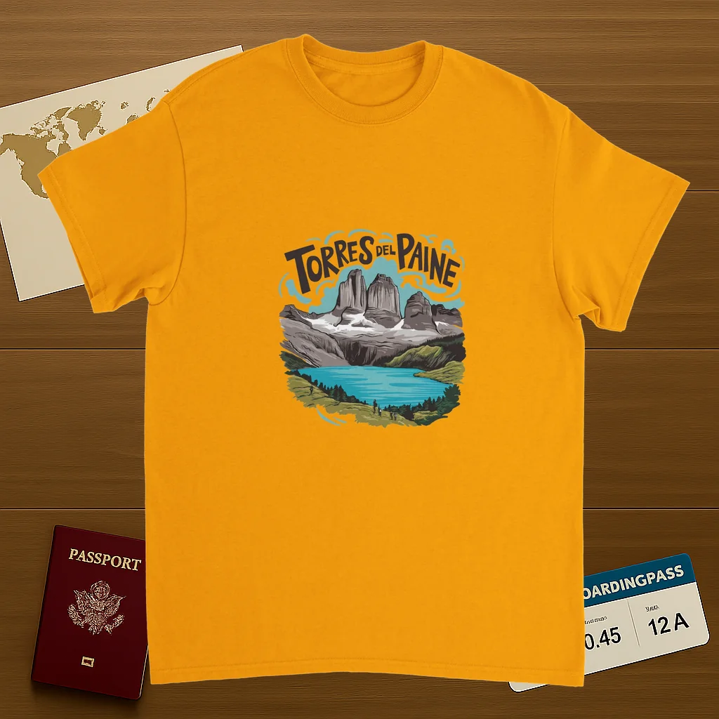 gold Torres del Paine Chile Unisex Travel T-Shirt on wooden background with world map, passport, and boarding pass