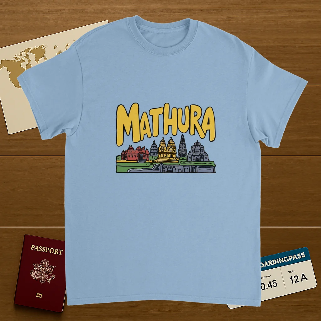 light blue Mathura India Unisex Travel T-Shirt on wooden background with world map, passport, and boarding pass