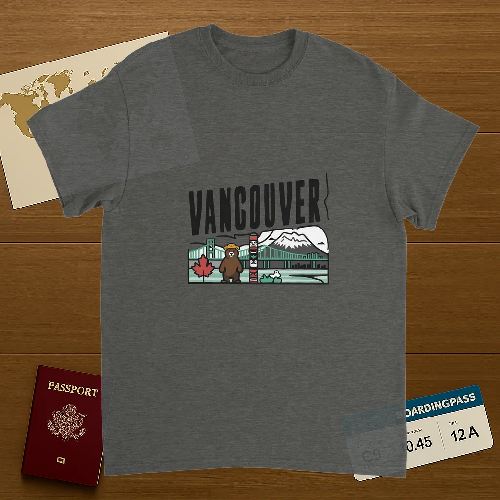 Vancouver Canada Unisex Travel T-Shirt on wooden background with world map, passport, and boarding pass