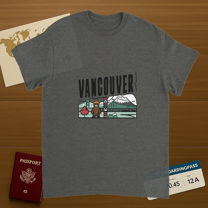 Vancouver Canada Unisex Travel T-Shirt on wooden background with world map, passport, and boarding pass