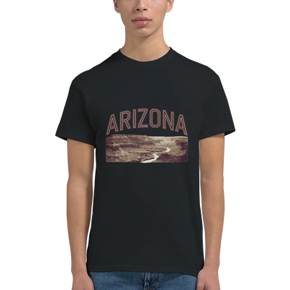 Arizona USA Unisex Travel T-Shirt on wooden background with world map, passport, and boarding pass