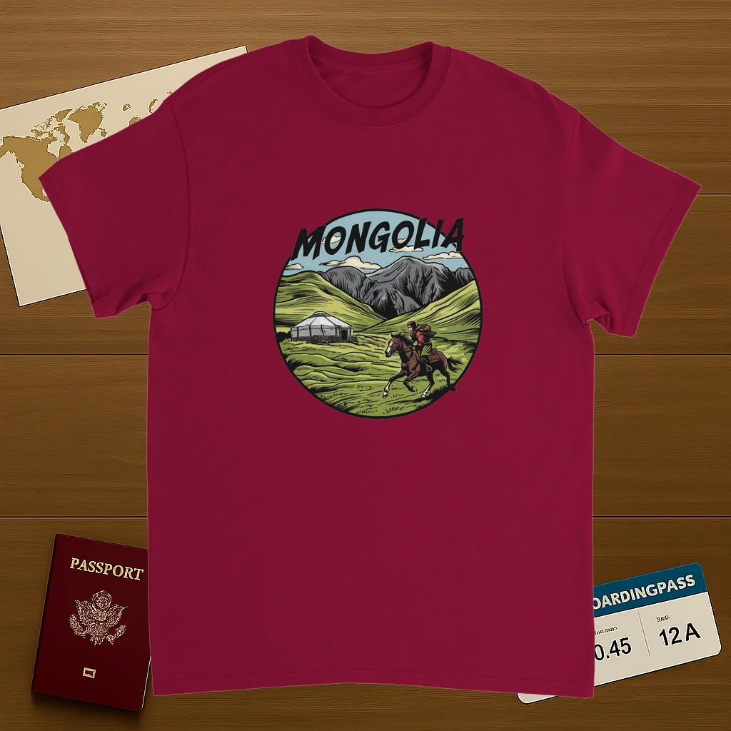 cardinal red Mongolia Unisex Travel T-Shirt featuring a man