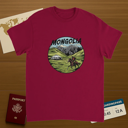 cardinal red Mongolia Unisex Travel T-Shirt featuring a man