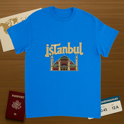 royal blue Istanbul Turkey Unisex Travel T-Shirt on wooden background with world map, passport, and boarding pass