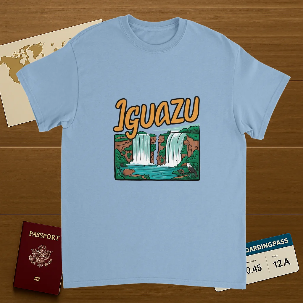 light blue Iguazu Falls Unisex Travel T-Shirt on wooden background with world map, passport, and boarding pass