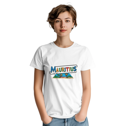 Mauritius Unisex Travel T-Shirt on wooden background with world map, passport, and boarding pass